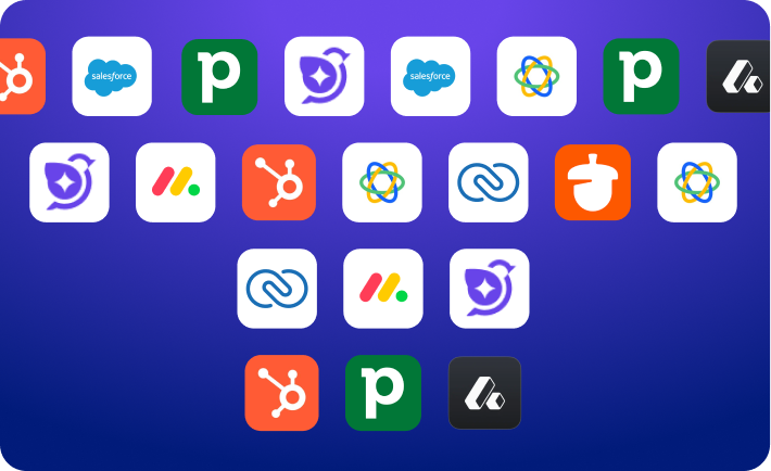 Collection of CRM and sales software logos arranged in a grid on a blue gradient background, featuring HubSpot, Salesforce, Pipedrive, Monday.com, and other business tools.